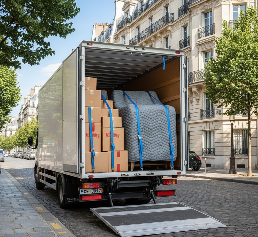 Déménageurs chargeant un appartement parisien pour Barcelone