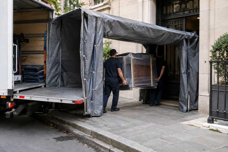 Passage bâché entre le camion et l'entrée, déménagement de Melun vers Malaga