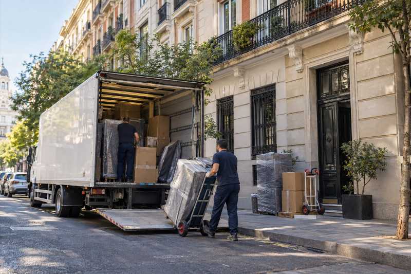 Camion stationné devant un immeuble à balcons, départ de Paris 12e