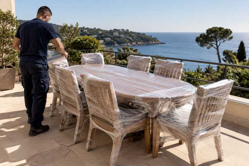 Mobilier d'extérieur emballé sur une terrasse, départ de Paris 15e