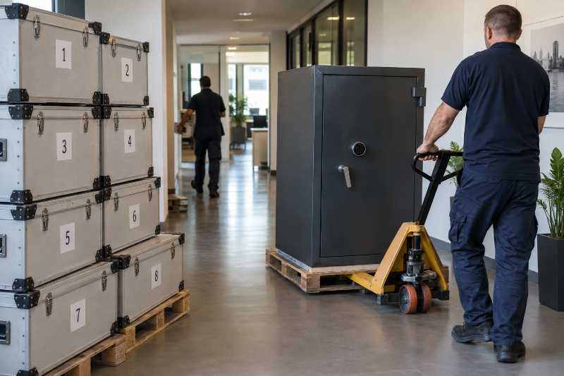 Bacs d'archives scellés sur palettes, déménagement de Paris 16e vers Bilbao
