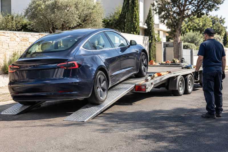 Berline électrique chargée sur un plateau, déménagement de Paris 17e vers Barcelone