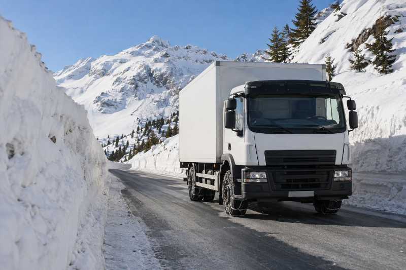 Camion sur une route de montagne enneigée, départ de Paris 20e