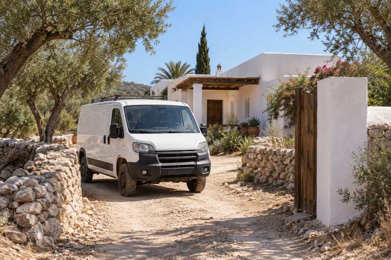 Utilitaire sur un chemin de terre menant à une finca, déménagement de Paris 6e vers Ibiza