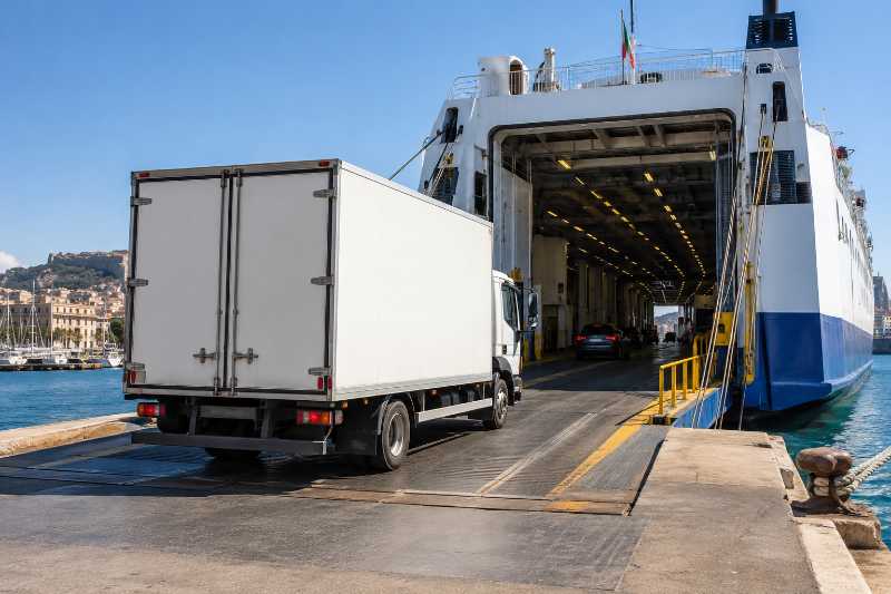 Camion de déménagement embarquant sur un ferry, déménagement de Paris 8e vers Formentera