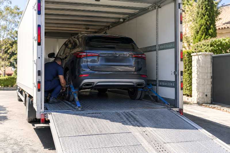Voiture arrimée dans un camion, déménagement de Paris 8e vers Marbella