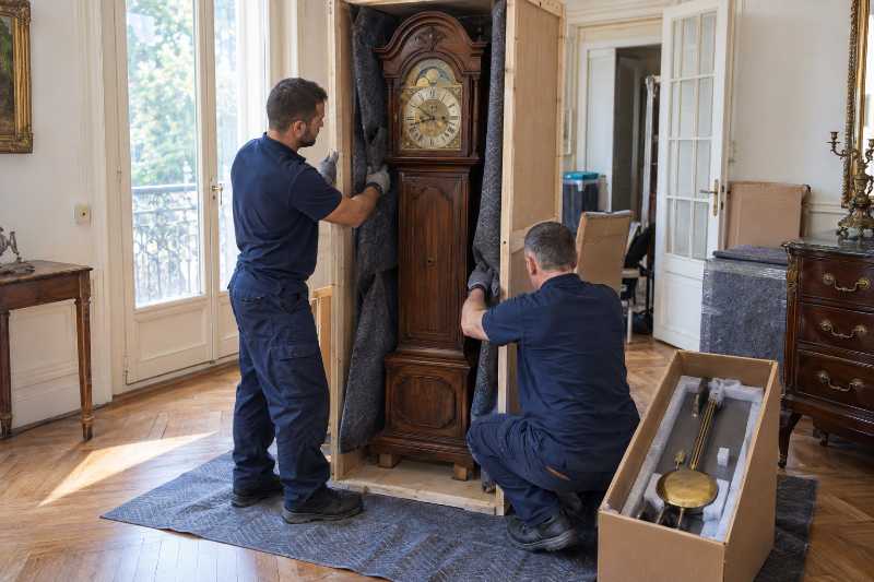 Horloge comtoise placée en caisse capitonnée, déménagement de Saint-Maur-des-Fossés vers Madrid