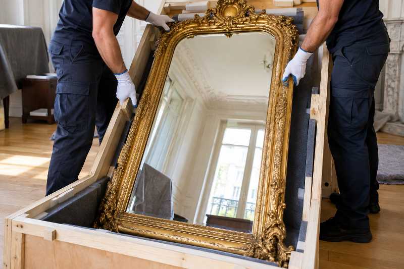 Miroir doré placé dans son coffrage, déménagement de Versailles vers Madrid
